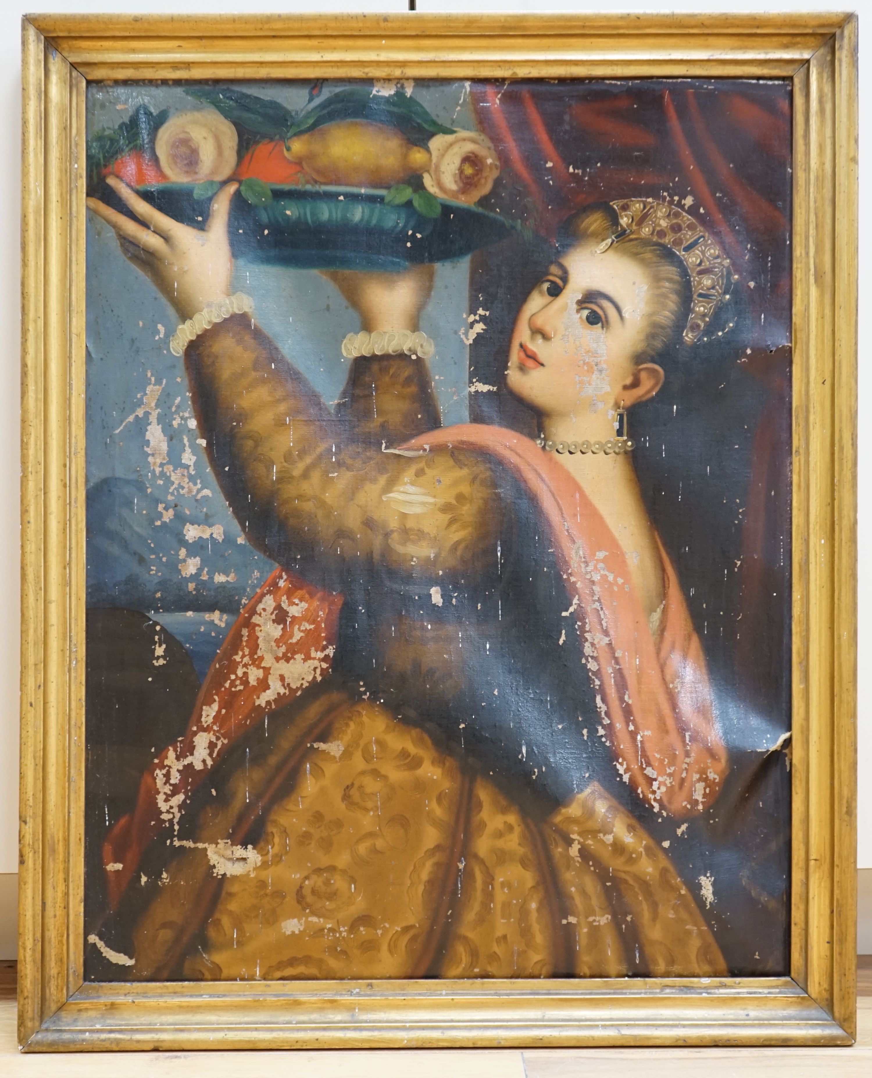 Italian School, oil on canvas, Woman holding aloft a bowl of fruit, 62 x 48cm